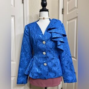 EY Boutique Royal Blue Ruffle Peplum Blazer Jacket Size 12